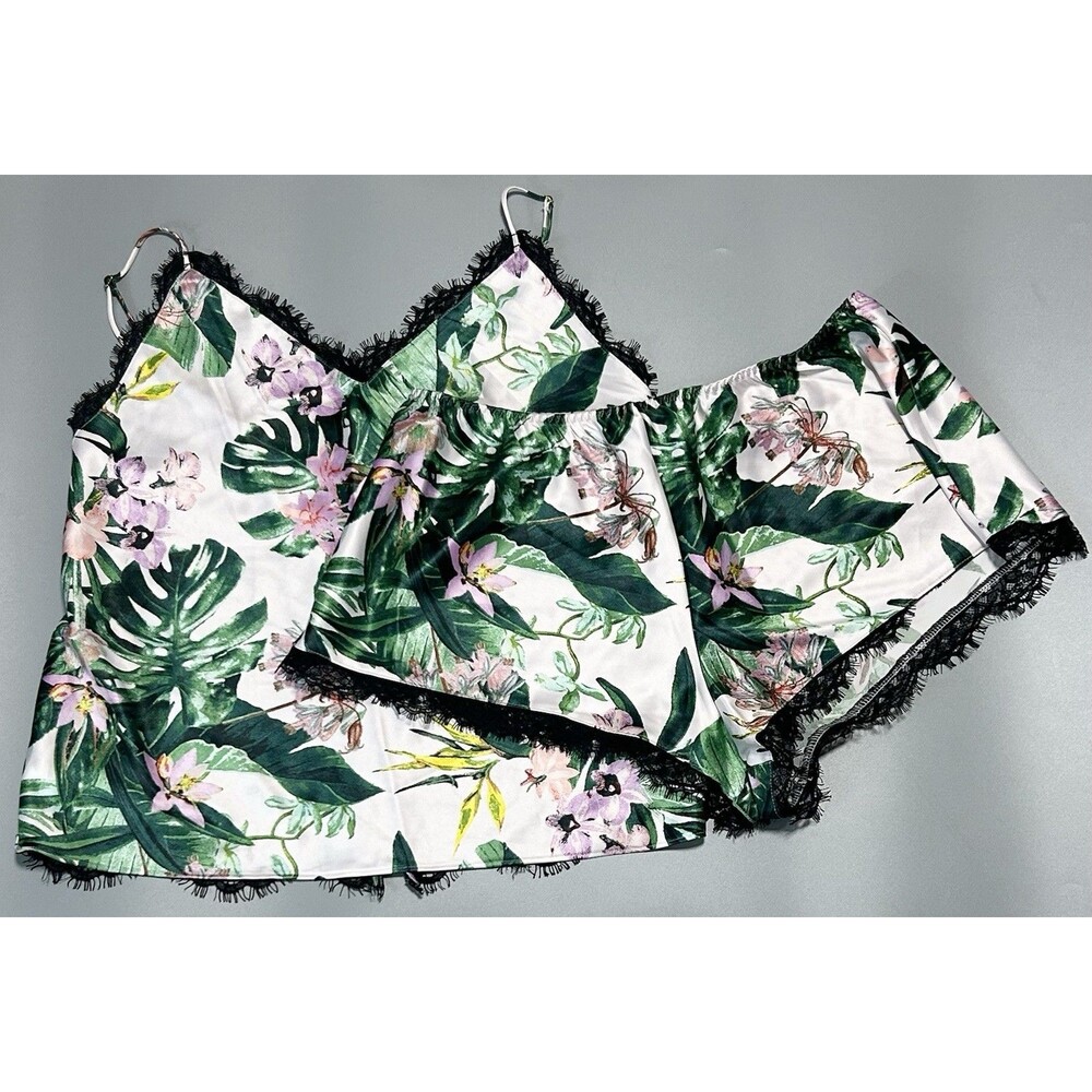 Victorias Secret Shorts Sleep Set Medium Satin Lace Open Back Floral Cheeky Sexy